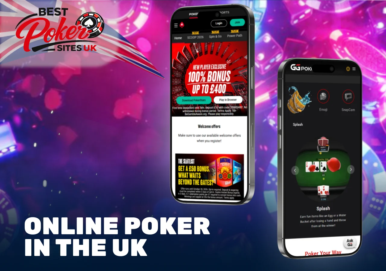 Online poker in the UK shown on mobile casino screens with poker site interfaces